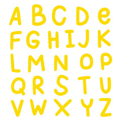 Hand drawn cartoon yellow english alphabet on white background.