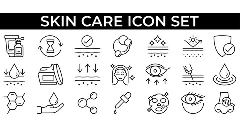 Skin Care Icon Set, Thin Line Vector Icons for Beauty, Cosmetics, Dermatology, Skincare Routine, Face Care, Hydration, Anti-Aging, Moisturizer, Spa, Beauty Treatment, Dermatology