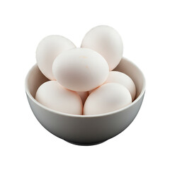 White eggs on white bowl isolated on white background, uncooked bool of eggs isolated on white background 