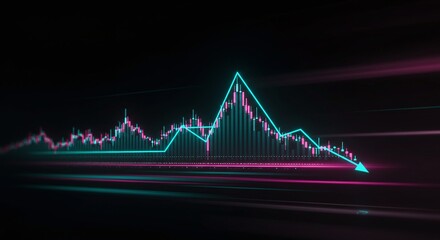 An abstract graph illustrating financial downturn with a sharp decrease indicated by the downward arrow. The graph has vibrant blue and pink gradient lights and with speed lines background.