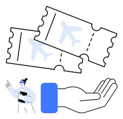 Two illustrated flight tickets in an open hand alongside a passenger holding documents, symbolizing travel preparation. Ideal for travel booking, vacation planning, airline services, ticketing
