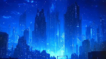 Blue comic scene background with city silhouette