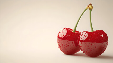Two Red Cherries with Water Droplets on Beige Background