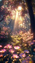 Obraz premium A sunlit forest scene with vibrant flowers and trees