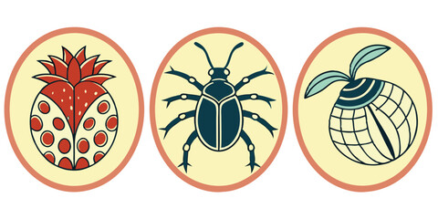 Vintage Fruit and Insect Vector Illustration Set: Pineapple, Beetle, and Tropical Plants for Creative Projects