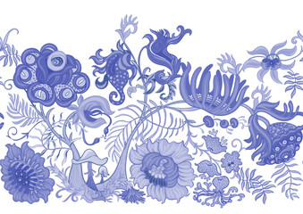 Fantasy, alien hypnotic flowers, decorative flowers and leaves. Cartoon style. Millefleurs trendy floral design. Seamless pattern, background. Outline hand drawing vector illustration.