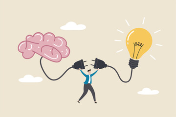 Creativity idea brainstorming, wisdom or imagination to success, connecting new idea or innovation, intelligence or solution concept, businessman connect plug with lightbulb idea to human brain.