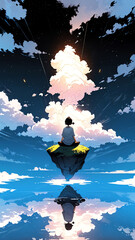 Serene Anime Sunset Reflection – Tranquil Mental Health Illustration