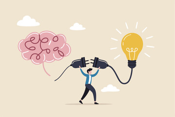 Creativity idea brainstorming, wisdom or imagination to success, connecting new idea or innovation, intelligence or solution concept, businessman connect plug with lightbulb idea to human brain.