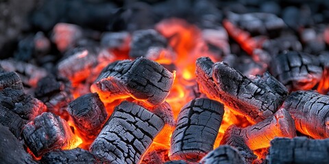 Glowing charcoal embers on a dark surface  