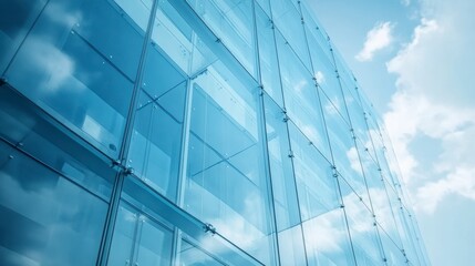 Obraz premium Modern glass building exterior reflecting blue sky and clouds.