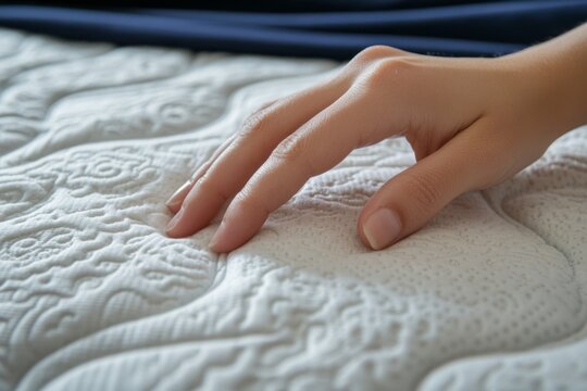 Customer enjoying softness of mattress in furniture store, testing quality of material before making purchase