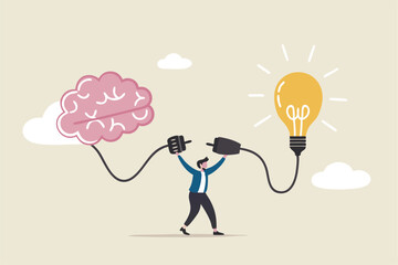 Creativity idea brainstorming, wisdom or imagination to success, connecting new idea or innovation, intelligence or solution concept, businessman connect plug with lightbulb idea to human brain.
