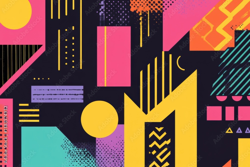 Leinwandbilder retro-inspired memphis-style background with bold geometric shapes and bright neon colors perfect fo