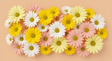 Obraz premium Mixed Daisies on Peach Background – Cheerful and Playful Stock Photo