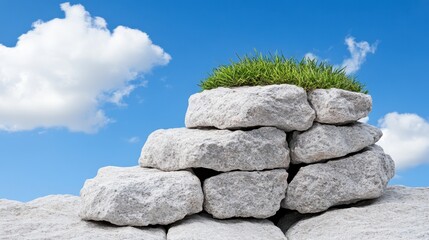 A small patch of vibrant green grass sprouts atop a stack of light gray rocks against a clear blue sky with fluffy white clouds.