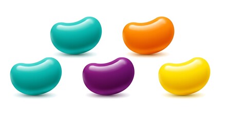 Assorted Candy Beans Scattered on White Background with Bright Colors
