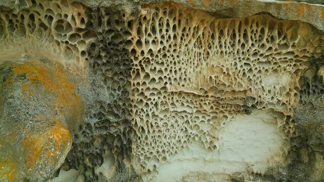 wall with tafoni top down span ybykty sai inside openwork kazakhstan mangystau 4k