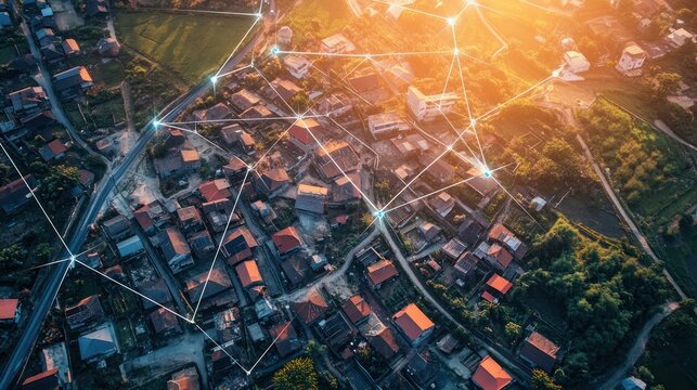 Aerial view of a connected village with modern technological connectivity