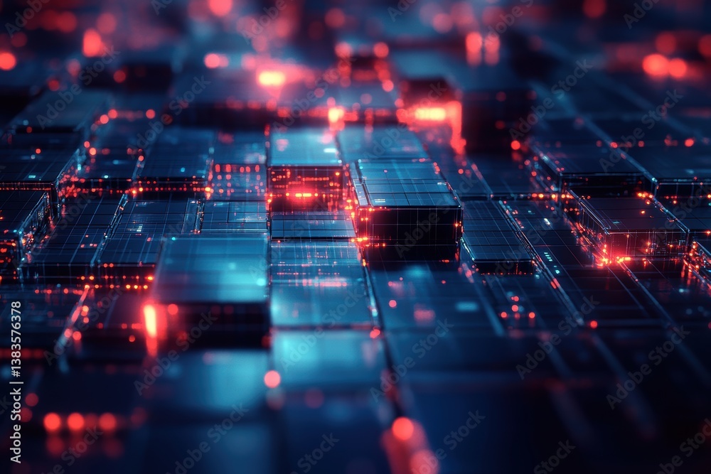 Poster dynamic data visualization abstract environment digital blocks futuristic setting aerial view modern