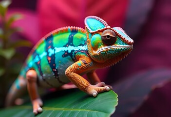 Fototapeta premium Colorful Chameleon on Green Leaves with Vibrant Background – Exotic Reptile Photography