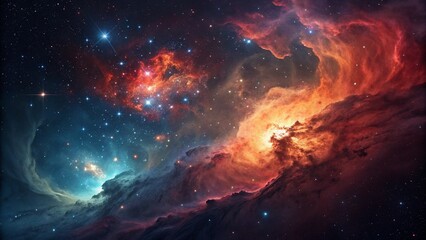 "A cosmic nebula with swirling clouds of red, orange, and blue gases, casting glowing light into the dark expanse of space. Brilliant stars dot the sky, and the colors blend together in an abstract, m