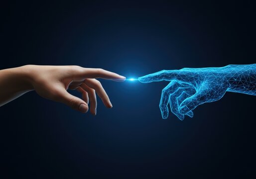 A human and a digital hand almost touching, representing technological connection.