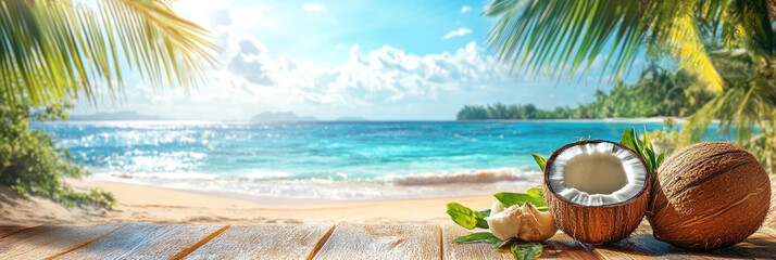 Obraz premium A fresh coconut with a straw inserted, placed on a wooden table overlooking a serene beach with gentle waves, embodying tropical relaxation and vacation vibes. Ample copy space available.banner.mockup