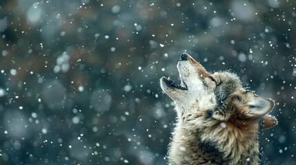 Naklejka premium Majestic wolf howls powerfully during a winter snowfall
