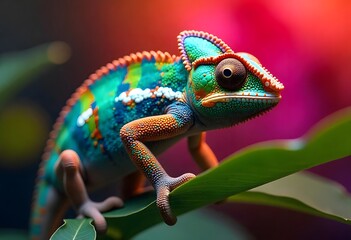 Fototapeta premium Colorful Chameleon on Green Leaves with Vibrant Background – Exotic Reptile Photography