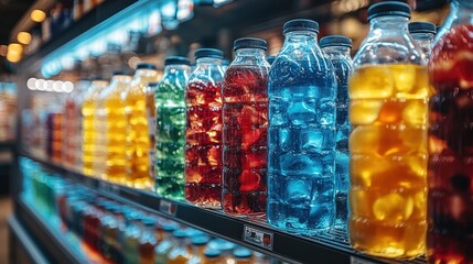 Colorful iced drinks on display in a modern cafe