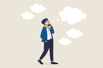Too many thinking ideas, overwhelmed issues or busy problems to be solved, contemplative solutions for trouble, concerned or anxiety concept, businessman thinking with many thinking bubbles.