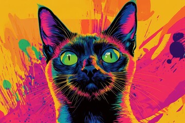 Colorful Siamese cat portrait with vibrant background showcasing artistic expression and unique features, emphasizing the beauty of feline companions, pet art concept