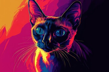 Siamese cat with striking blue eyes and colorful fur, showcasing a vibrant artistic style, perfect for cat lovers and pet enthusiasts, feline art concept