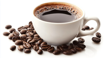 Fototapeta premium Coffee Mug and Grinded Coffee Beans Concept Photography Isolated on White Background