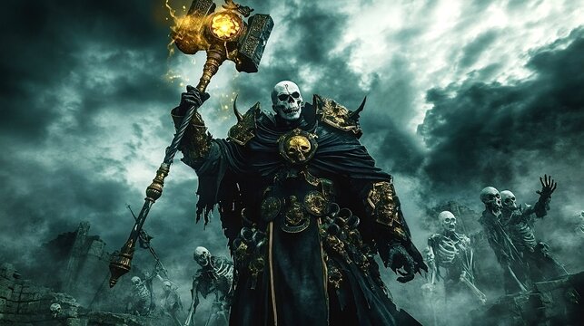Powerful lich king raising undead army with magic hammer