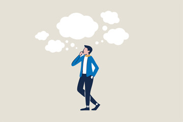 Too many thinking ideas, overwhelmed issues or busy problems to be solved, contemplative solutions for trouble, concerned or anxiety concept, businessman thinking with many thinking bubbles.