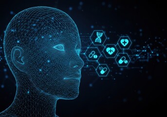 A digital ai face with health icons illustrating the future of medical innovation on dark background.