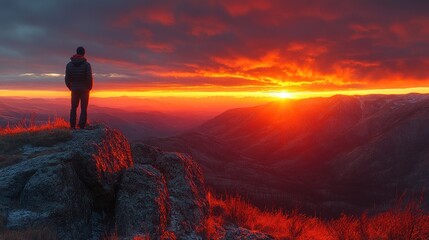 Obraz premium Man Contemplating Sunrise Over Mountain Range