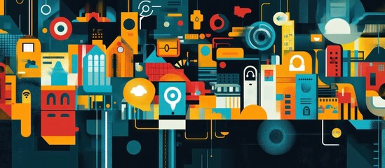 Abstract cityscape with vibrant geometric buildings, interconnected by lines and data points