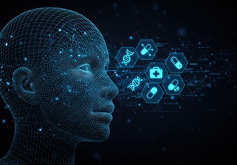 Obraz premium Digital wireframe head with medical symbols represents futuristic healthcare technology.