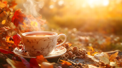 Sipping hot tea amidst autumn leaves serene garden setting photo capture warm atmosphere close-up cozy vibe