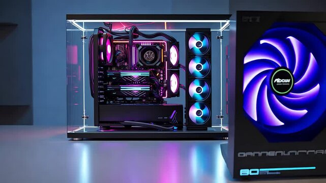 Custom-built high-performance gaming PC with RGB cooling fans and transparent glass case illuminated by vibrant purple and blue lighting

