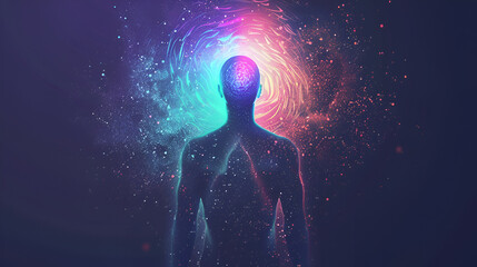 Fototapeta premium Cosmic consciousness awakens within human silhouette, radiating vibrant energy