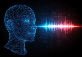A futuristic digital 3d wireframe head interacts with a sound wave, highlighting data processing.