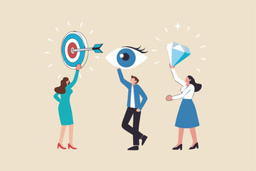 Mission, vision and value, company statement to drive success, strategy plan or leadership principle for employee to reach target concept, business people holding mission, vision and value elements.