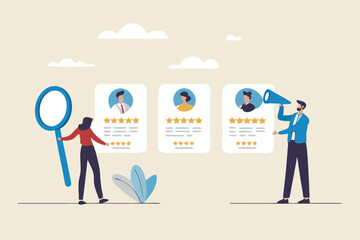 Performance management employee evaluation review, yearly appraisal or staff career development, employee measurement concept, businessman manager giving stars review on performance management.