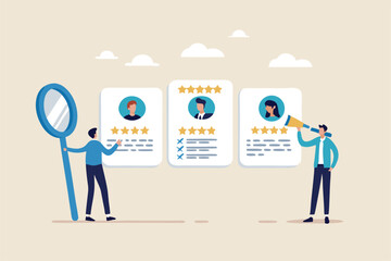 Performance management employee evaluation review, yearly appraisal or staff career development, employee measurement concept, businessman manager giving stars review on performance management.