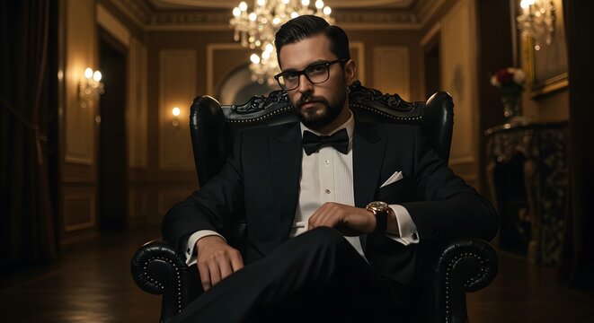 Elegant man in a tuxedo, seated regally in a luxurious room. A classic look, sophistication, and timeless style.