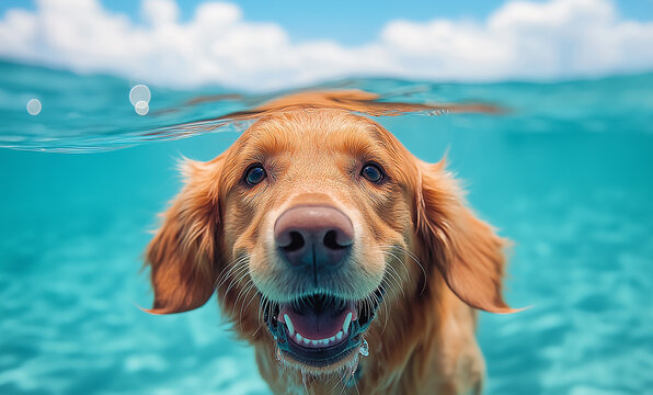 An underwater close-up of a brown dog joyfully swimming. The dog's mouth is wide open, surrounded by floating air bubbles.